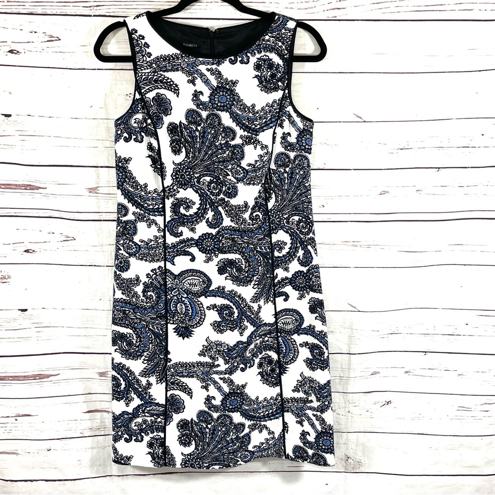 Talbots Petite Womens Sheath Dress White Filigree Paisley Prints Size 8P